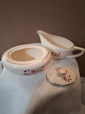 Vintage Porcelain Sugar Bowl and Creamer Set with Floral Motif and Gold Trim